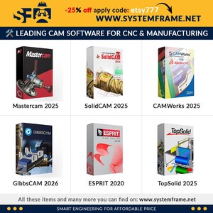 Może przedstawiać: Obraz z sześcioma pudełkami oprogramowania: Mastercam 2025, SolidCAM 2025, CAMWorks 2025, GibbsCAM 2026, ESPRIT 2020 i TopSolid 2025. Tekst "LEADING CAM SOFTWARE FOR CNC & MANUFACTURING" jest wyświetlany nad tytułami oprogramowania. Strona internetowa: www.systemframe.net.