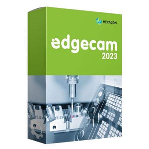 May include: A green box with the text "edgecam 2023" in white. The top right corner has the Hexagon logo. The bottom half of the box shows a close-up of a machine tool in operation, with a control panel visible.