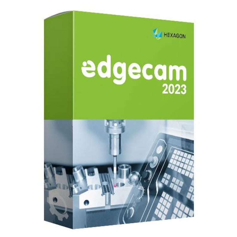 Może przedstawiać: Zielone pudełko z białym napisem "edgecam 2023". Logo Hexagon znajduje się w prawym g&oacute;rnym rogu. Dolna część przedstawia zbliżenie obrabiarki i jej panelu sterowania.