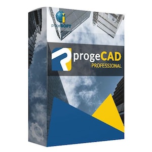 Pode incluir: Caixa do produto para o software "progeCAD PROFESSIONAL". O design incorpora um fundo de paisagem urbana com elementos geométricos azuis, amarelos e cinzentos. O logotipo "progeSOFT" também é visível.
