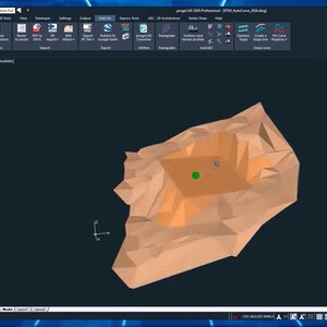 May include: A computer screen displays a 3D model of a terrain, rendered in shades of brown and orange. The software interface includes various tools and settings, with a dark blue background. A green dot marks a specific point on the model.