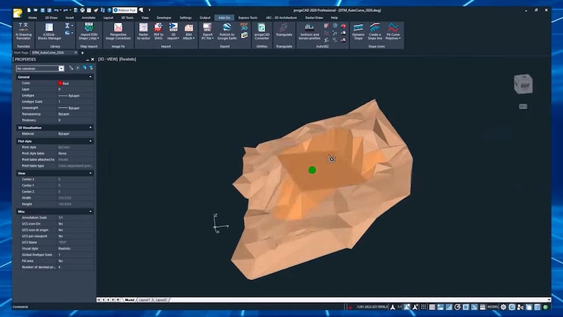 May include: A computer screen displays a 3D model of a terrain, rendered in shades of brown and orange. The software interface includes various tools and settings, with a dark blue background. A green dot marks a specific point on the model.
