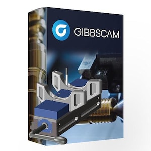 Puede incluir: Una caja de producto con el logotipo "GIBBSCAM" en texto blanco y un círculo azul con un símbolo "G" blanco. La caja muestra una mordaza metálica plateada y azul con un mango, sobre un fondo industrial borroso.