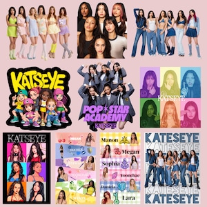 May include: A collection of images showcasing the musical group KATSEYE. The images include group shots, individual portraits, and promotional graphics with the group's name and the phrase "POP STAR ACADEMY". The color scheme is mainly pink and pastel.
