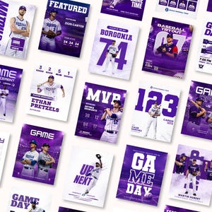 May include: A selection of baseball promotional posters in purple and white. Each poster displays player images, game information, and text like "Game Day," "MVP," and player names. The posters are arranged on a white surface.
