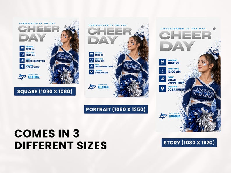 Cheer Canva templates sizes square portrait story Instagram post dimensions sports graphics bundle
