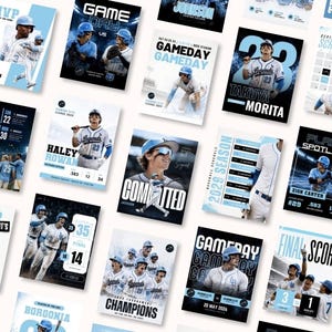 May include: A collection of baseball-themed graphic design templates featuring players in light blue and white uniforms. The layouts include text elements like Gameday, MVP, Final Score, and Player Spotlight, utilizing a color palette of blue, black, and white.
