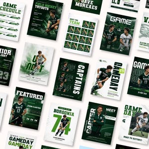 May include: A collection of sports-themed posters with a green and white color scheme. The posters feature images of athletes, game schedules, and team information. Text includes "Game Day," "Featured," and player names.