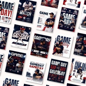 Könnte beinhalten: Eine Sammlung von Baseball-Spieltagsplakaten mit verschiedenen Spielern in Uniformen, fetter Typografie mit dem Text Game Day und dynamischen Sportgrafiken in den Farben Rot, Weiß und Blau, angeordnet in einem Raster auf weißem Hintergrund.