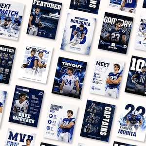 Könnte beinhalten: Eine Sammlung von Sportplakaten in Blau und Weiß, die Footballspieler, Teamlisten oder Spielinformationen zeigen. Texte umfassen "Next Match", "Featured" und Spielernamen. Maße sind nicht anwendbar.