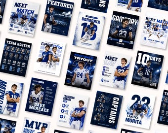 May include: A collection of sports-themed posters with a blue and white color scheme. Each poster features a football player, team roster, or game information. Text includes "Next Match," "Featured," and player names.