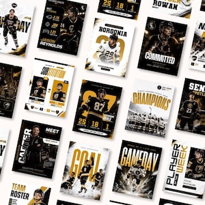 May include: A collection of rectangular sports graphic templates featuring hockey players in black and gold uniforms. The designs include bold typography, player statistics, game day announcements, and team branding elements arranged in a grid layout.