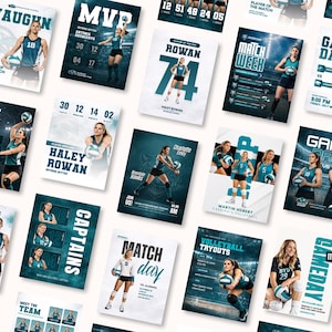 Op de afbeelding: Een verzameling volleybalwedstrijdposters met turquoise en witte ontwerpen. Elke poster toont een speler, teaminformatie en wedstrijddetails. Tekst bevat "MVP", "Game Day" en spelersnamen.