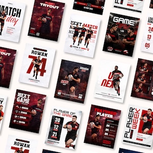 Mallar för sociala medier för rugby | Grafik för matchdag, idrottares profil, lagschema | Redigerbar bästsäljande Canva-mall | Sportmarknadsföring