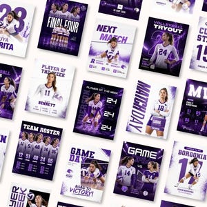 May include: A collection of volleyball team promotional posters in white and purple. The posters feature player portraits, game schedules, and team information. The posters have a modern design with bold text and graphics.