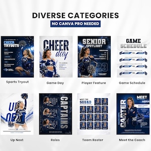 Cheerleading template categories tryouts game day roster schedule coach posts Canva bundle