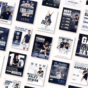 Sjablonen voor sociale media tennis Canva | Graphics sportmarketingteam | Gamedag Spelerstatistieken Berichten plannen | Bewerkbare bestverkopende sjabloon