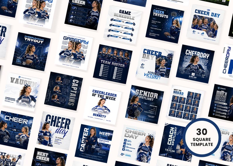 Cheer social media square templates Canva 1x1 Instagram posts sports marketing graphics bundle