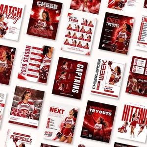 May include: A collection of digital flyer templates for cheerleading featuring red and white color schemes. The designs include text such as Match Day, Cheer Tryouts, Meet the Team, Lineup, 2026 Season, Captains, Cheerleader of the Week, and Hitting.