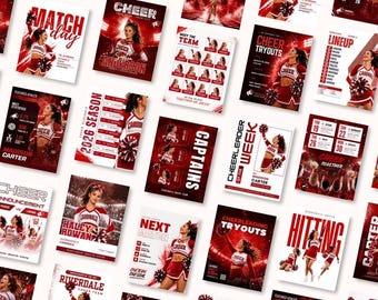 May include: A collection of digital flyer templates for cheerleading featuring red and white color schemes. The designs include text such as Match Day, Cheer Tryouts, Meet the Team, Lineup, 2026 Season, Captains, Cheerleader of the Week, and Hitting.