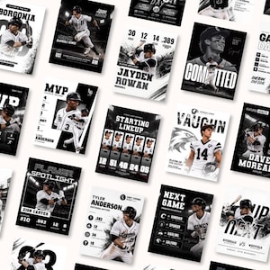 Może przedstawiać: Kolekcja czarno-białych szablonów graficznych o tematyce baseballowej, przedstawiających różnych sportowców w mundurach, zdjęcia akcji, statystyki graczy oraz wyrazistą typografię, w tym teksty takie jak MVP, Starting Lineup i Player Spotlight.