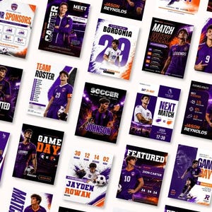 Puede incluir: Una colección de carteles deportivos rectangulares con jugadores de fútbol en camisetas moradas, plantillas de equipos, calendarios de partidos y estadísticas con tipografía llamativa, colores naranja y morado vibrantes.