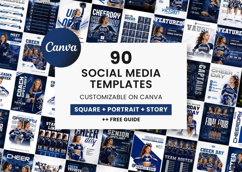 Cheerleading social media templates Canva bundle 90 sports Instagram templates editable cheer graphics kit