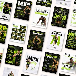 May include: A collection of sports-themed posters with athletes in action. The posters feature bold text in green and white, with phrases like "MVP," "Gameday," and "Track and Field Tryout." The overall design is modern and dynamic.