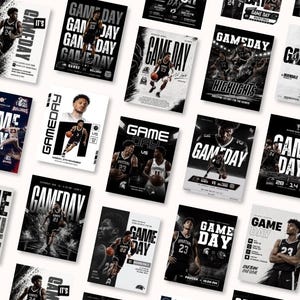 Puede incluir: Una colección de folletos para días de partido de baloncesto con fotos de acción de jugadores en uniforme, tipografía llamativa con el texto GAME DAY, logotipos de equipos y detalles del partido. Los diseños usan una estética en blanco y negro.