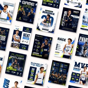 May include: A collection of rectangular sports posters featuring cross country runners in athletic singlets. The designs include bold typography such as Game Day, Player Spotlight, and MVP, alongside athlete names, statistics, and team branding.