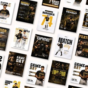 Peut inclure: Ensemble d'affiches sur le thème du baseball, avec des designs noirs et dorés. Les affiches présentent des portraits de joueurs, des annonces de jours de match et des informations sur les tournois. Le texte comprend "Player of the Week", "Game Day" et "Final Four".