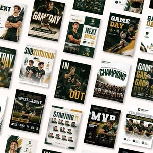 May include: A collection of sports-themed graphic design templates featuring rugby players in dark green and gold uniforms. The layouts include text elements such as Gameday, Next Match, Player Spotlight, Starting 11, MVP, and Tournament Announcement.