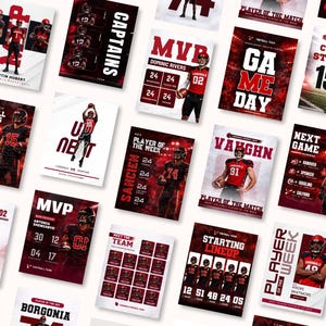 May include: A series of promotional posters for a football team, featuring players, match details, and team information. The posters use a red, black, and white colour scheme with bold typography and player action shots.