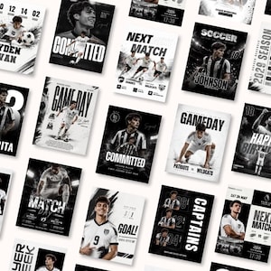 Può includere: Una collezione di poster sportivi in bianco e nero con calciatori in azione, programmi delle partite, annunci del giocatore della settimana e grafiche di compleanno con tipografia audace e immagini atletiche dinamiche.