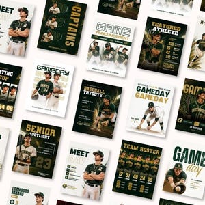 May include: A selection of baseball-themed promotional posters. The posters feature players in green and gold uniforms, with text such as "Meet Day," "Game Day," and "Starting Lineup." The posters are arranged on a white surface.
