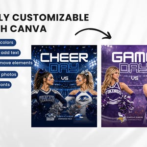 Editable cheer Canva templates before and after customization sports social media graphics design