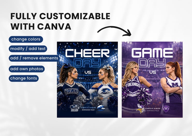 Editable cheer Canva templates before and after customization sports social media graphics design