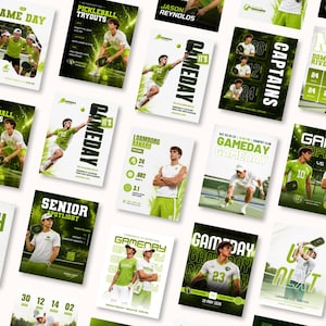 Op de afbeelding: Een verzameling promotieposters voor een pickleball-evenement. De posters tonen atleten in actie, met groene en witte kleurenschema's. Tekst bevat "Game Day", "Pickleball Tryouts" en spelersnamen.