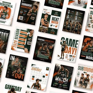 May include: A collection of rectangular sports posters featuring cross country runners in green and orange uniforms. The designs include text such as Gameday, Tournament Announcement, Next Match, Starting 11, and various athlete names like Johnson and Morita.