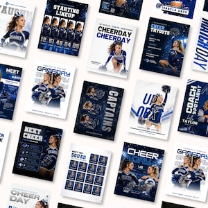May include: A collection of promotional posters with a blue and white color scheme. The posters feature cheerleaders, team information, and event details. Text includes "Cheerday", "Matchday", and "Meet the Squad".