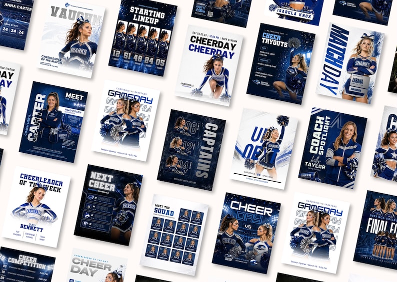 Editable cheerleading Instagram templates Canva sports team social media kit game day posts roster and schedule graphics bundle