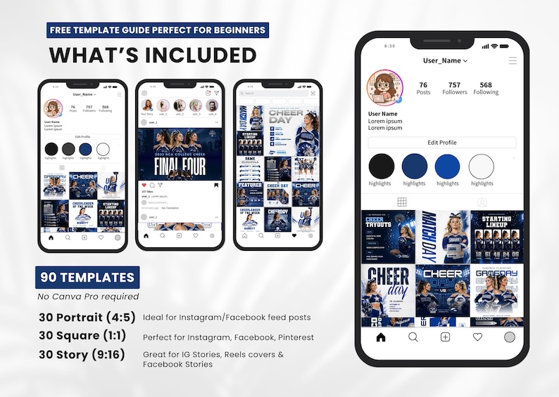 Cheer Canva templates preview Instagram feed mockup editable sports social media graphics bundle for teams