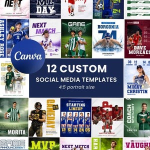 Könnte beinhalten: Werbebild mit 12 benutzerdefinierten Social-Media-Vorlagen im 4:5-Hochformat. Die Vorlagen zeigen Sportthemen wie Baseball, Fußball, Basketball und Schwimmen mit leuchtenden Farben und dynamischen Layouts. Das Canva-Logo ist prominent dargestellt.