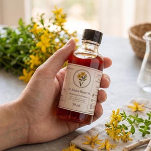 Olio di iperico selvatico, infuso al sole con olio d'oliva spremuto a freddo.