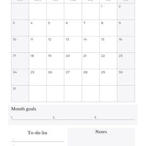 Peut inclure: Calendrier minimaliste pour mai 2026, avec une grille affichant les jours de la semaine. Il comprend des sections pour les objectifs du mois, une liste de tâches et des notes. Le texte "May 2026" est en haut.