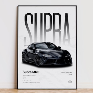 May include: Black framed poster featuring a black Supra MK5 car. The word "SUPRA" is displayed in large, bold letters above the car. Below the car, the text reads "Supra MK5" with specifications including engine size, horsepower, and top speed.