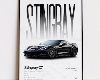 Póster del Stingray C7, coche deportivo americano, arte mural de coupé V8, decoración automotriz para el hogar, regalo para amantes de los coches
