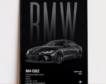 Póster del BMW M4 G82, arte de coches deportivos alemanes, decoración automotriz para el hogar, regalo para aficionados a los coches, arte mural M Power.