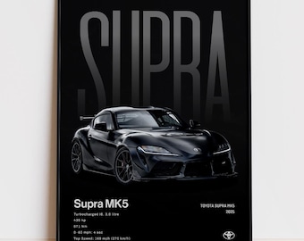 Póster de Toyota Supra, Arte de pared A90 MK5, Lámina de coche JDM, Decoración automotriz para el hogar, Regalo para amantes de los coches