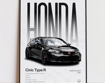 Póster del Honda Civic Type R, decoración de pared para coches JDM, lámina artística de coches compactos deportivos, regalo para aficionados a los coches